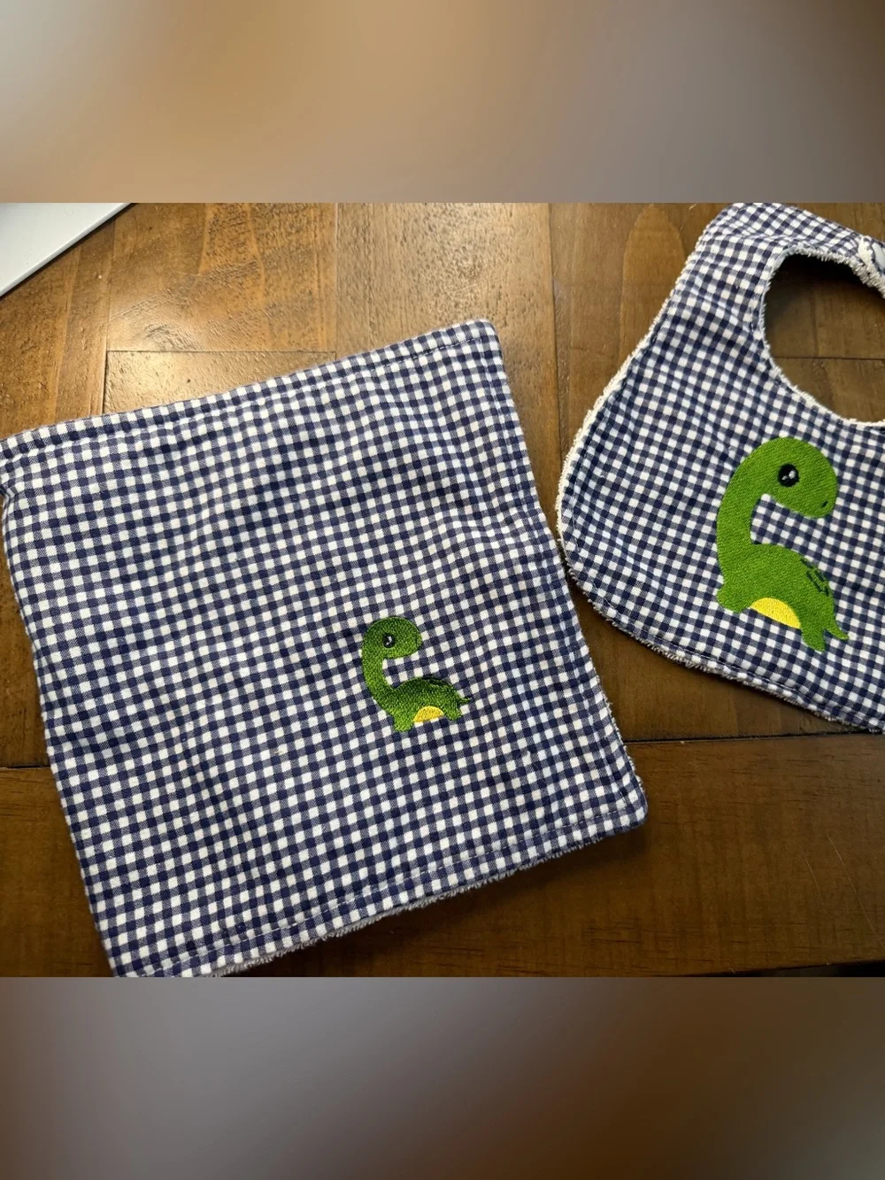 Baby burp cloth and bib blue checkered dinosaur handmade new set